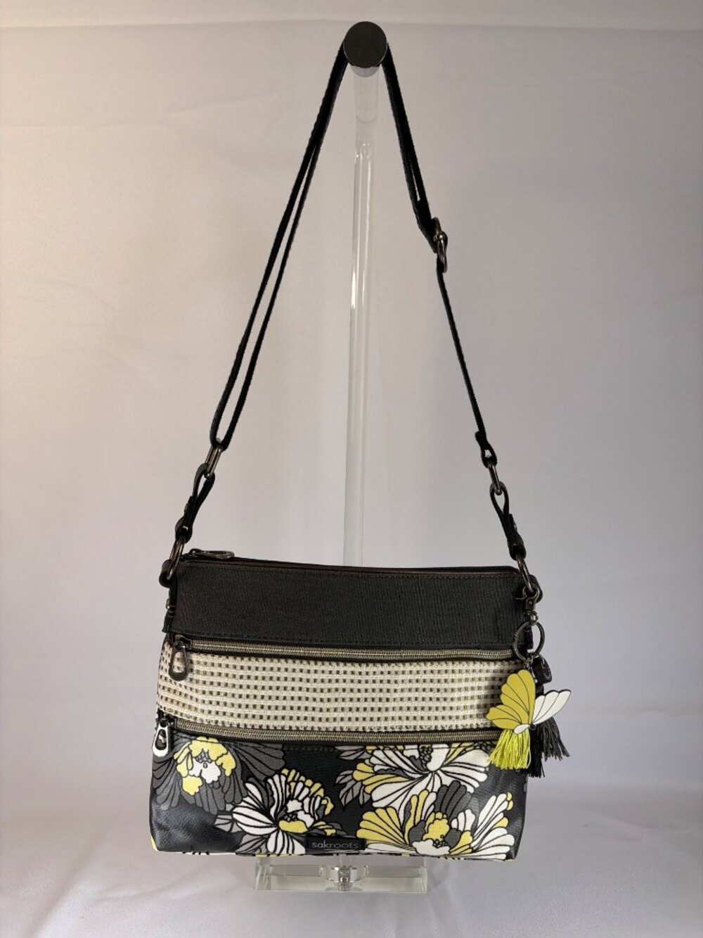 Sakroots Crossbody Bag Black Floral Canvas Boho Purse Zip Butterfly Charm Tassel